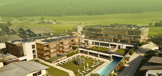 Hotel Hirben in Niederdorf in den Dolomiten - Luftaufnahme